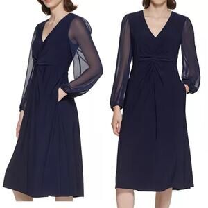 NWT JESSICA HOWARD 8 Chiffon-Sleeve Midi Pockets Dress Navy Blue